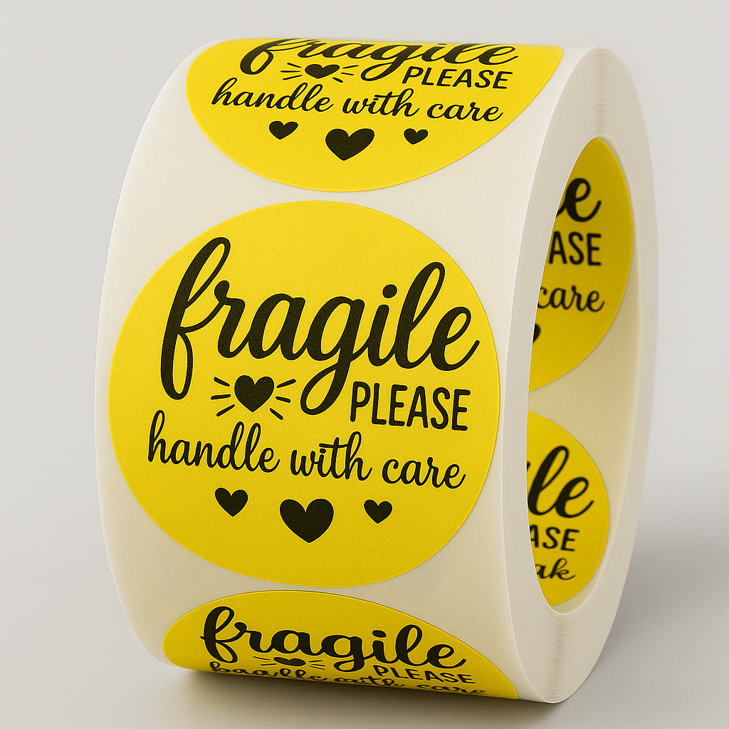 FRAGILE HANDLE WITH CARE Stickers – 2'' Round Yellow Labels Roll for Packaging & Shipping"