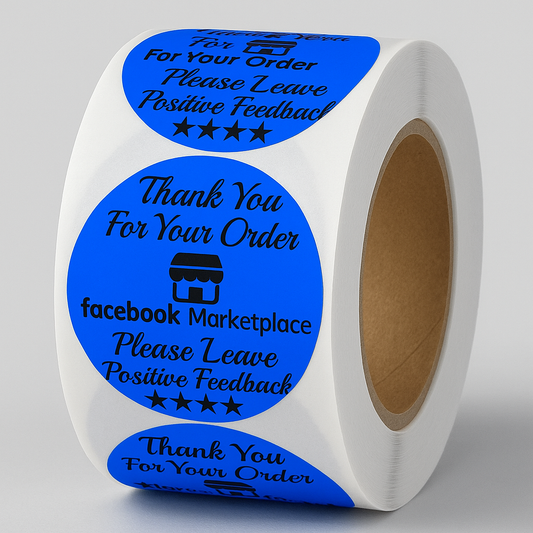 Round "Thank You" Labels for Facebook Marketplace - Roll of Thank You Stickers (Blue with Black Text)